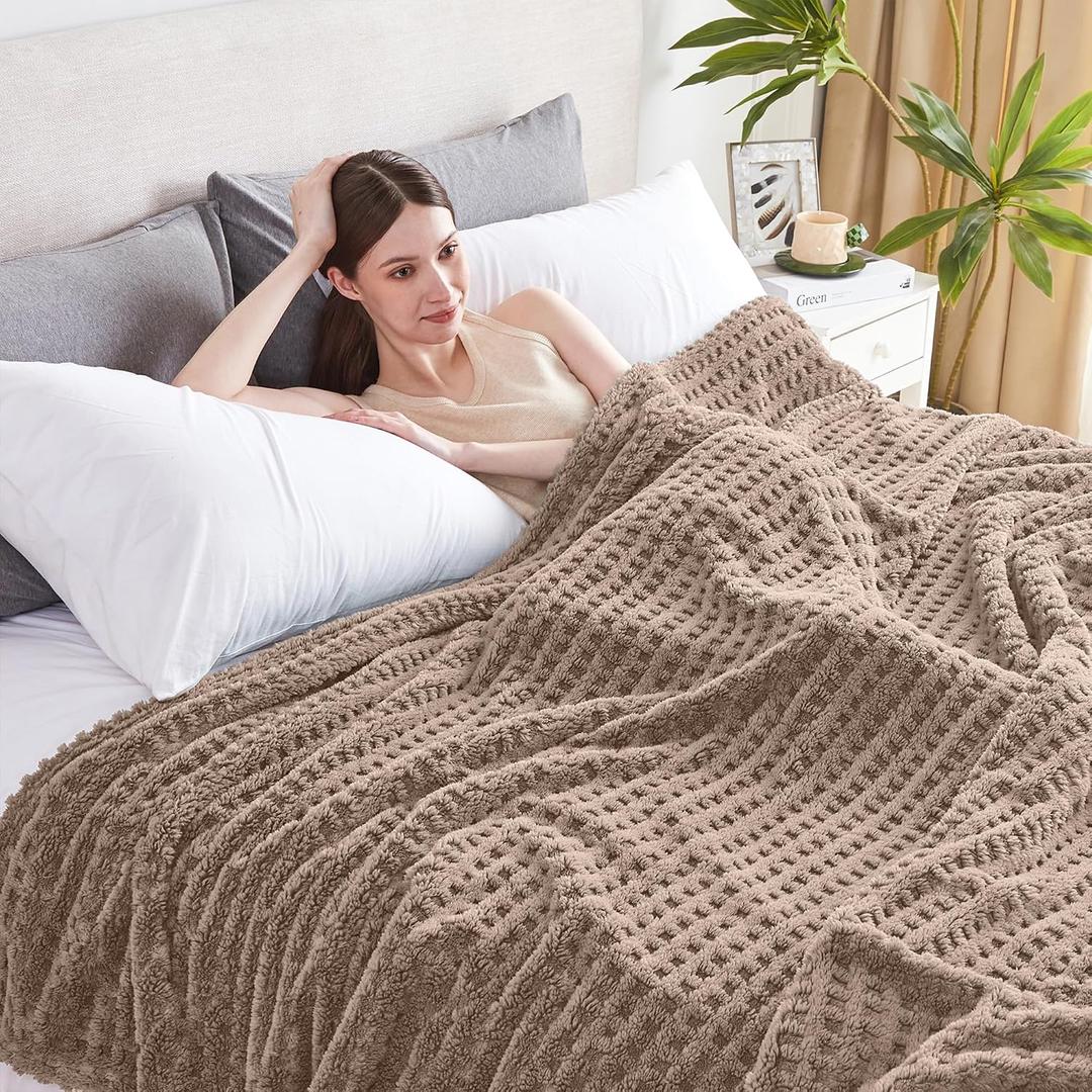 Soft Cozy Fuzzy Fleece Throw Blanket, Waffle Light Taupe, 50x60 Inches Lightweight, Fluffy, and Warm 3D Jacquard All-Season Blanket for Couch, Bed, Sofa, Home Decor, Camping, and Travel