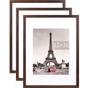 kennethan 12x16 Picture Frame Rustic Brown 3 Pcs in 1 set 12x16 Frame can Display 8.5x11 inch Picture with Mat or 12x16 inch Picture Without Mat on the Wall