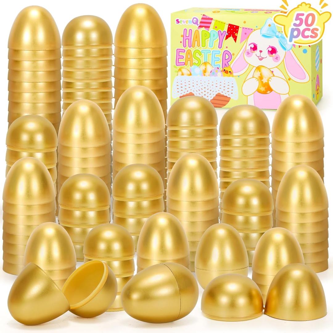 SevenQ Plastic Easter Eggs Empty 2.3” 50Pcs, Fillable Golden Egg for Easter Basket Stuffers Gifts for Kids Party Favors Pinata Goodie Bags Treasure Box Toys Fillers Easter Egg Hunt Games Decorations