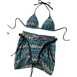 Women's 3 Pieces Swimwear Set Halter Boho Bikini with Drawstring Beach Skirt Bathing Suit (Medium, Blue)