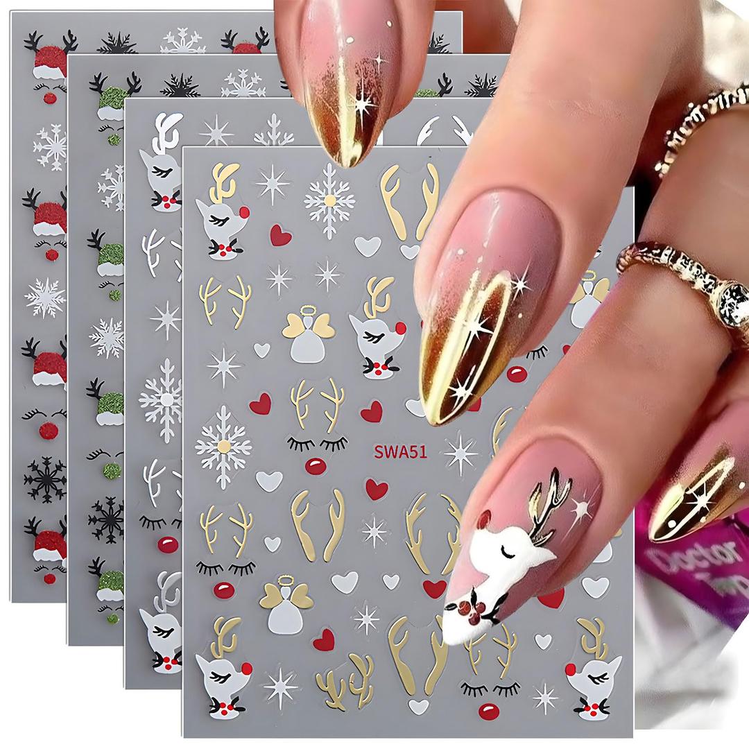 2 x Christmas Nail Stickers Decals - 3D Reindeer, Snowflakes, Santa Hat Designs with Gold, Silver, Green & Red Foil Embossed Effect, 4 Sheets for Holiday Nail Art