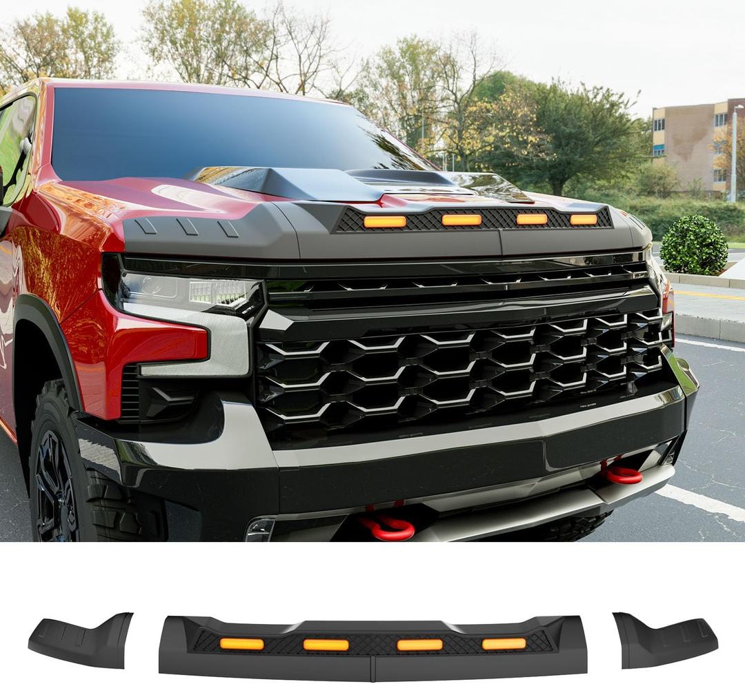3Pcs Hood Protector with LED Light Compatible with 2019-2024 Chevy Silverado 1500 ZR2 Hood Deflector Matte Black Lightshield Replacement for 2019-2024 Chevy Silverado Accessories