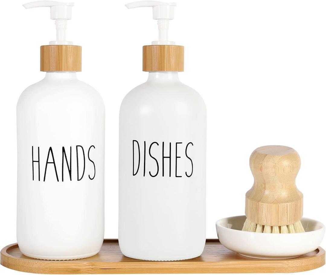 2 Pack Glass Soap Dispenser Set with Tray and Bamboo Dish Brush, Hand and Dish Soap Dispenser 16oz Kitchen Soap Dispenser Set Farmhouse Decor Soap Pump Bottle (White & White)