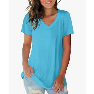 SAMPEEL Women's V Neck T-Shirts Casual Summer Loose Fit Short Sleeve Tops Basic Tees,  lakeblue, M