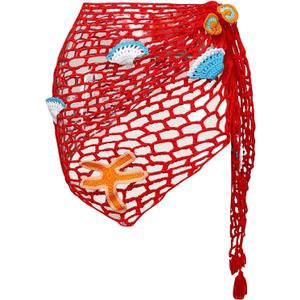ZAFUL Crochet Sarong Coverups for Women Beach Vacation Starfish See Thru Tie Side Bathing Suit Cover Up Mini Skirt (Red)
