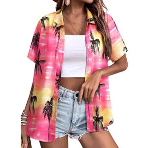 Womens Button Down Hawaiian Shirts Short Sleeve Floral Print Summer V Neck T-Shirt Casual Summer Beach Blouses Tops (Large)