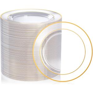 FOCUSLINE 100 Count Clear Gold Plastic Plates 7 Inch, Disposable Heavy Duty Clear Plates with Gold Rim, Premium Hard Plastic Plates Fancy Disposable Clear Salad Plates for Wedding Parties (Clear Plastic Plates with Gold Rim)