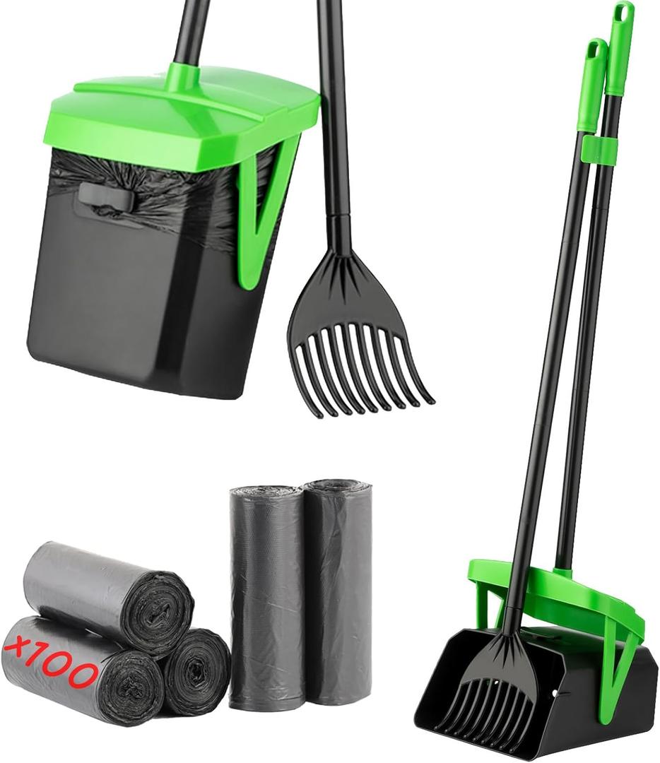FUSBUNTY Pooper Scooper Swivel Bin & Rake with 100 Waste Bags, Dog Pooper Scooper with Bag Attachment for Large Medium Small Dogs, Poop Scooper with Lid for Lawn Yard Dog Kennel (Green)