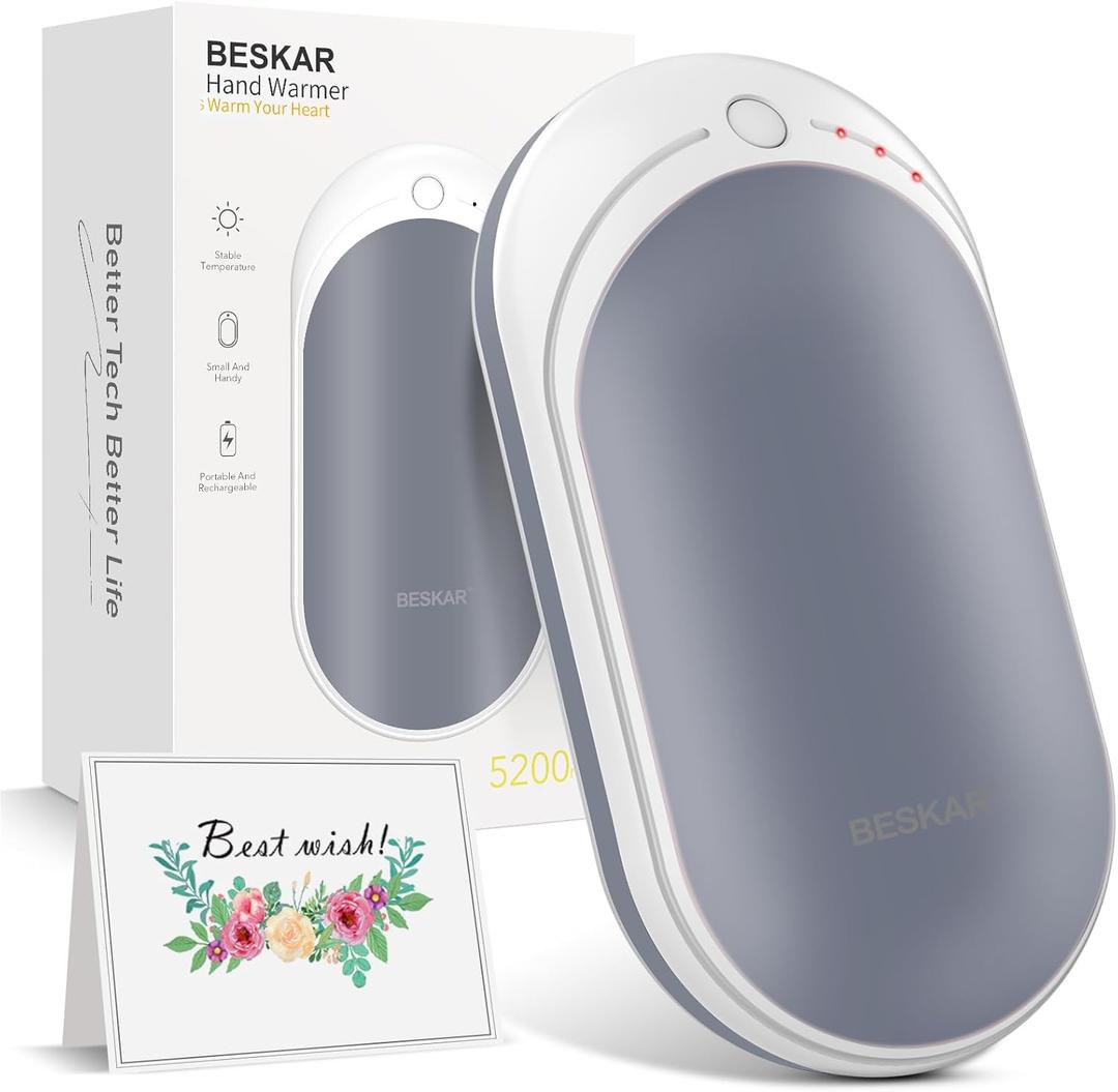 BESKAR Rechargeable Hand Warmer, 5200mAh Electric Hand Heater, Double-Sided Heating, USB Quick Charge, Portable Pocket Hand Warmer for Outdoor, Golf, Raynauds - Winter Gift (Gray)