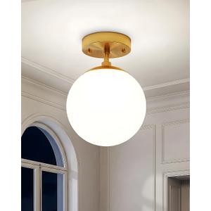 Majade Semi Flush Mount Ceiling Light 8" Globe Mid Century Modern Light Fixture Milk Glass with Gold Brass Finish Light Fixtures for Hallway Entryway Kitchen Island Closet Laundry Bathroom