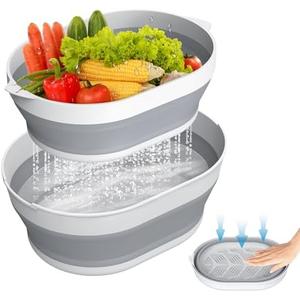 2 in 1 Collapsible Sink Basin - 5.3 QT Foldable Fruit Washing Bowl with Strainer - Silicone Collapsible Colander for Kitchen Organization RV Camping