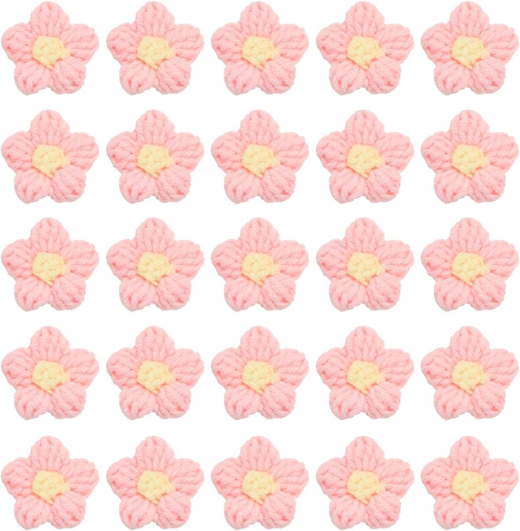PATIKIL Crochet Flowers, 50 Pcs Applique Flowers for Craft Sewing Crochet Flowers Appliques Embellishments for DIY Hair Clothes Party Craft Decor, Dark Pink/Yellow