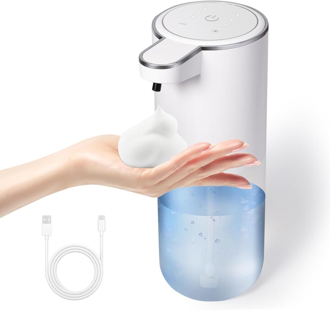 Automatic Foaming Soap Dispenser, Touchless Foam Hand Soap Dispenser for Bathroom, 4-Level Adjustable,13.5oz/400ml, Wall Mounted, Rechargeable (White+transparent)