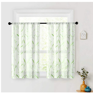 MRTREES Sheer Tier Curtains Rod Pocket, Short Sheer Voile Kitchen Tiers, Leaves Embroidered Christmas Cafe Curtains Small Window Treatment for Bathroom(2 Panels, 30x30 Inches, Green Wheat Spike)