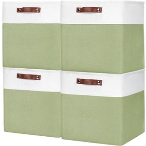 13x13 Cube Storage Bins, Collapsible Fabric Storage Box, 4 Pack Closet Baskets with Handles for Organizing, Shelf, Toys, Clothes, Home, Office, Nursery (Green & White)