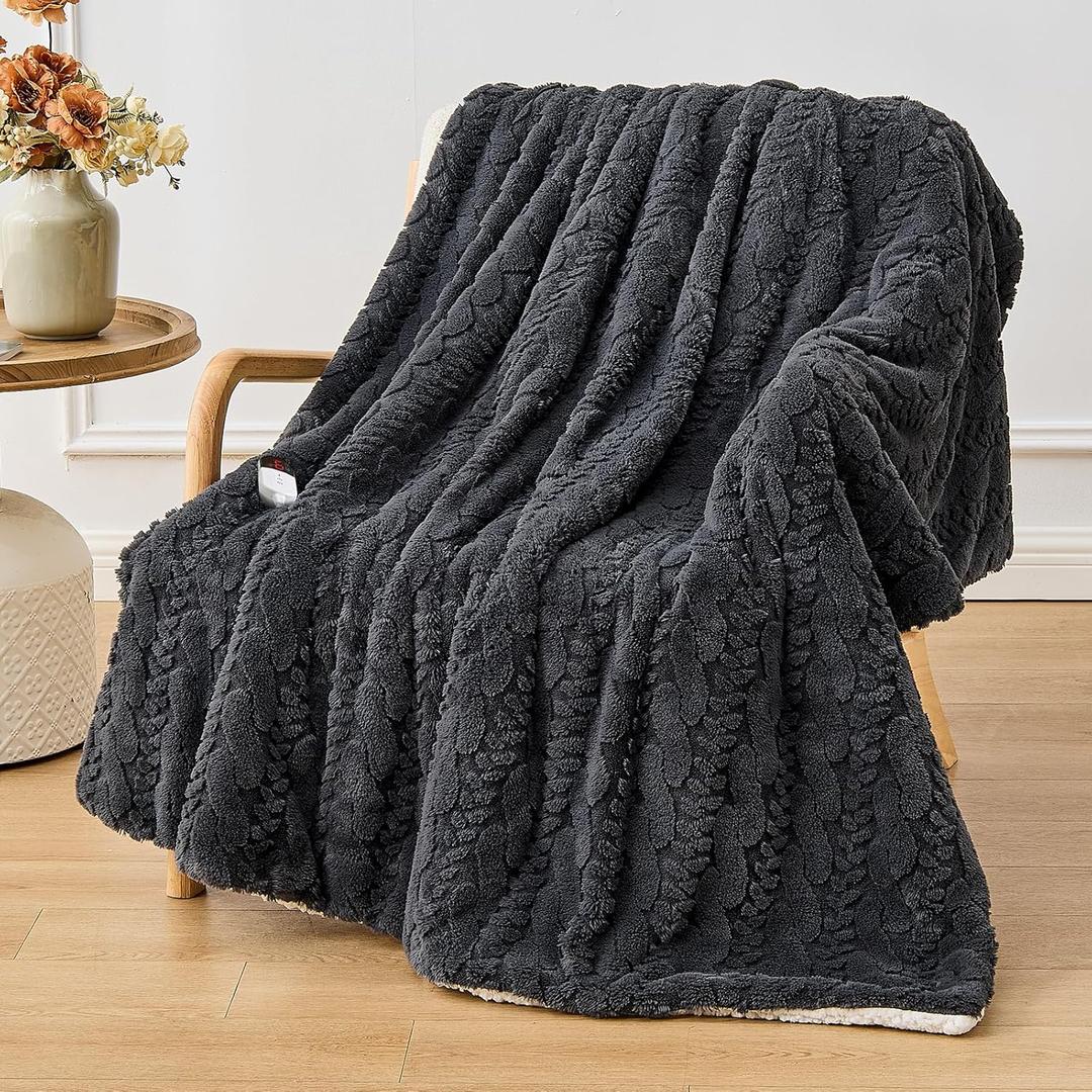 Electric Heated Throw Blanket - Jacquard Shaggy Sherpa 50"x60" Fast Heating Bed Blankets with 6 Heating Levels & 4 Hours Auto Off, Over-Heated Protection ETL, Dark Gray