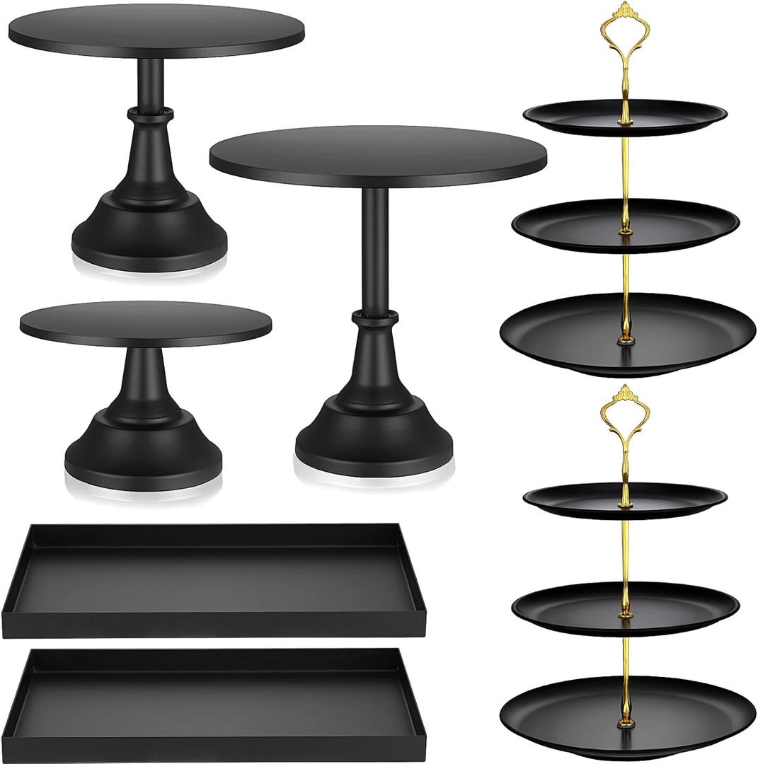Tioncy 7 Pcs Cake Stand Set Metal Cupcake Holder Dessert Table Display Cupcake Display Plate Serving Platter Dessert Table Stands and Trays Set for Baby Shower Wedding Birthday Xmas Party (Black)