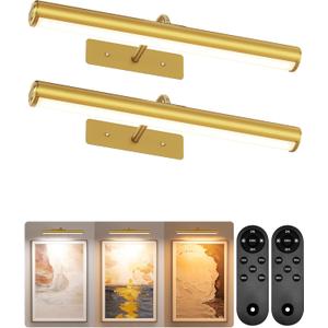 EZVALO 16" Picture Lights for Wall, Rechargeable 6000mAh Painting Lights with Remote, Wireless Dimmable 3 Color Temperatures Art Lights for Gallery, Living Room, Hallway (Gold, 3 Pack)