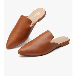 Mules for Woman Comfortable Pointed Toe Backless Loafers Flat Mule Business Casual Shoes Slides Slip on, Brown , 7.5(M)