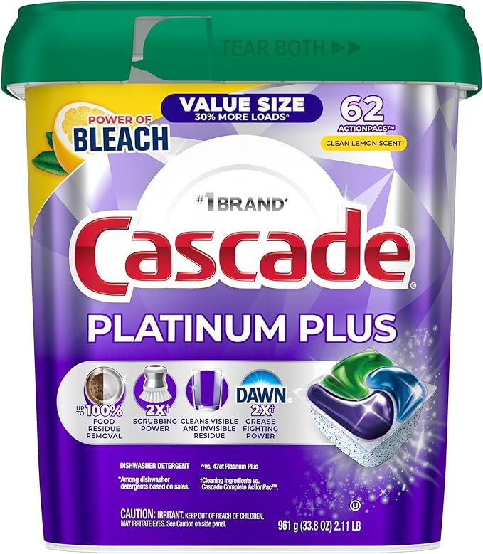 Cascade Platinum Plus Dishwasher Pods, Dish Detergent Soap, Clean Scent, 62 Count
