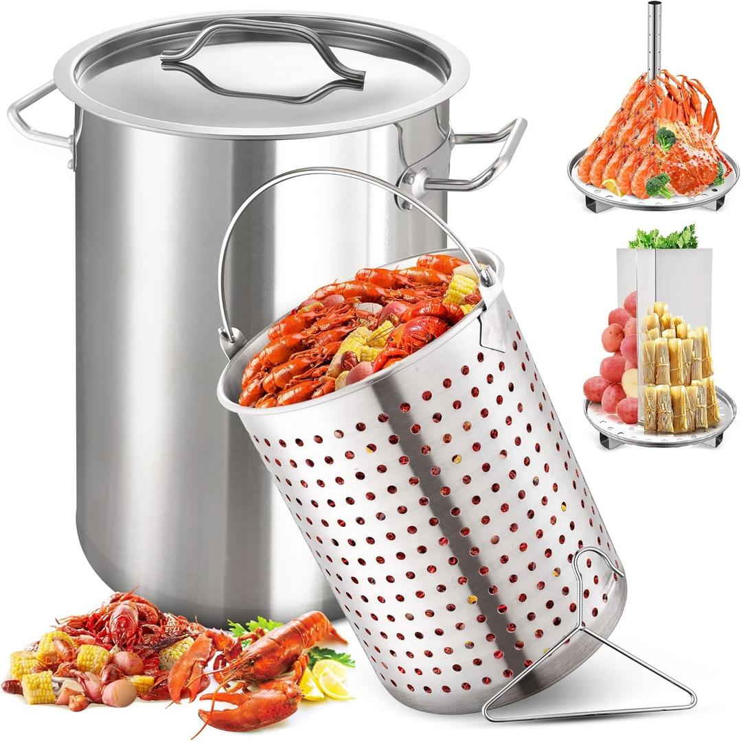 ARC 32QT Stainless Steel Stock pot 6-Piece For Seafood Boil Pot with Basket and Steamer Rack,Cookware for Crawfish Crab Shrimp Lobster Boiling Pot, Turkey Fryer Pot, Tamale Steamer Pot with Strainer