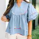 Cicy Bell Womens Summer Babydoll Tops V Neck Short Lantern Sleeve Shirts Cute Loose Fit Peplum Flowy Blouses (Blue, L)