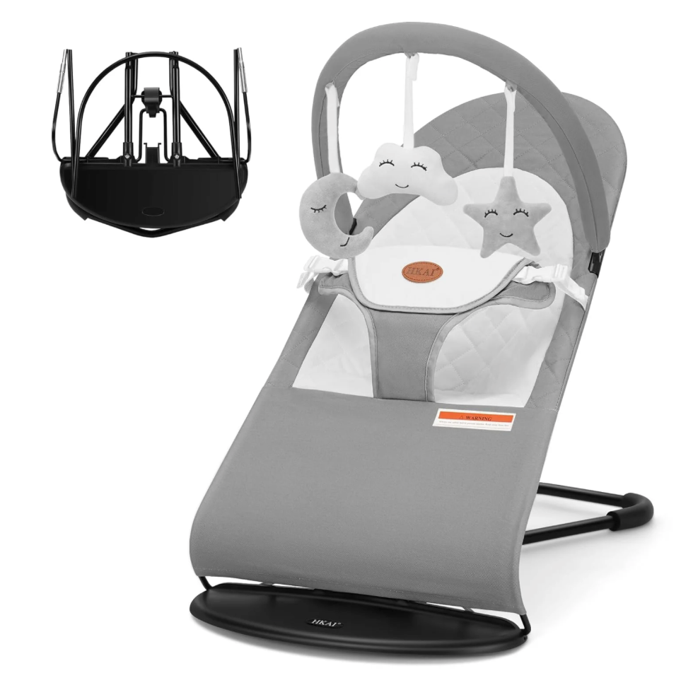HKAI Baby Bouncer, Portable Baby Bouncer Seat for Babies 0-18 Months, 100% Cotton Fabrics, 3 Modes of use with Rocker and Stationary Options, Infant Rocker Chair with Hanging Toys- Grey