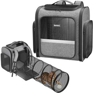 Cat Backpack with Detachable Play Tunnel, 2 in 1 Cat Tunnel Backpack Suitable for Carrying & Playing, Expandable Dog Backpack for Small Medium Kitten Puppy, Suitable for Travel Hiking Camping