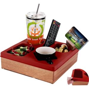 Couch Cup Holder Tray, Silicone Wooden Couch Caddy with Cup Holder for Snacks, Drinks, Remotes, Waterproof Cup Holder for Couch, Organizer, Couch Drink Holder, Easter Gifts (Red)
