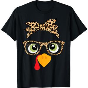 Cute Thanksgiving Turkey Face Leopard Glasses Women Girls T-Shirt, S