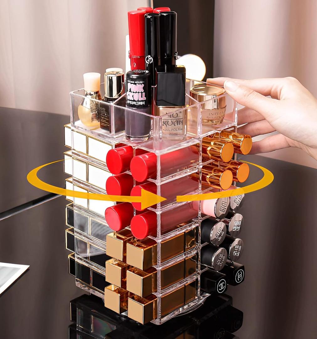Sooyee 360 Degree Spinning Lipstick Organizer Holder 53 Spaces, Acrylic Cosmetic Display Cases for Lipstick, Brushes, Bottles, and More, Clear