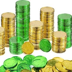DINESIL 120pc St. Patrick's Day Gold & Green Shamrock Coins, Plastic Leprechaun Coins, Table Scatter Decoration for St. Patrick's Day Party Favors