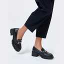 Coutgo Womens Chunky Platform Lug Sole Loafers Mid Heel Square Toe Dress Walking Work Shoes with Buckle Chain,Black, Size 7