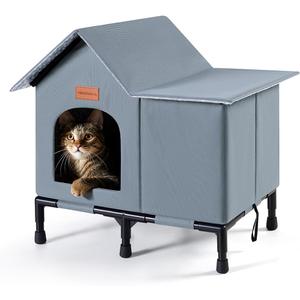 Insulated Cat Shelter Weatherproof Outdoor Cat House with Self-Warming Insulation Raised Bottom and Waterproof Roof for All-Season Protection (Grey, Large)