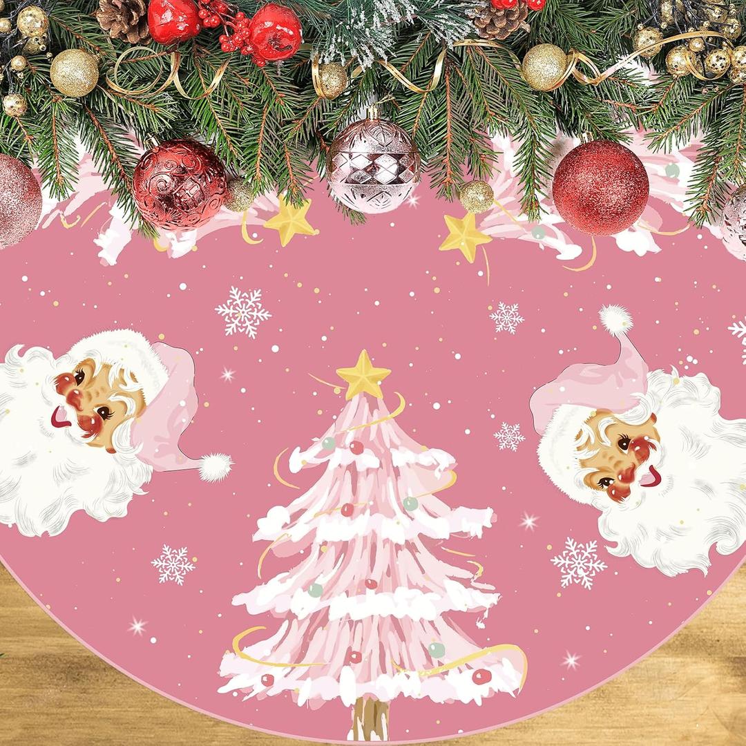 Christmas Tree Skirt Pink Tree Skirts Santa Claus Xmas Mat 48 Inch Pink Christmas Holiday Decorations Indoor Outdoor Party Decor New Year's Party Decorations