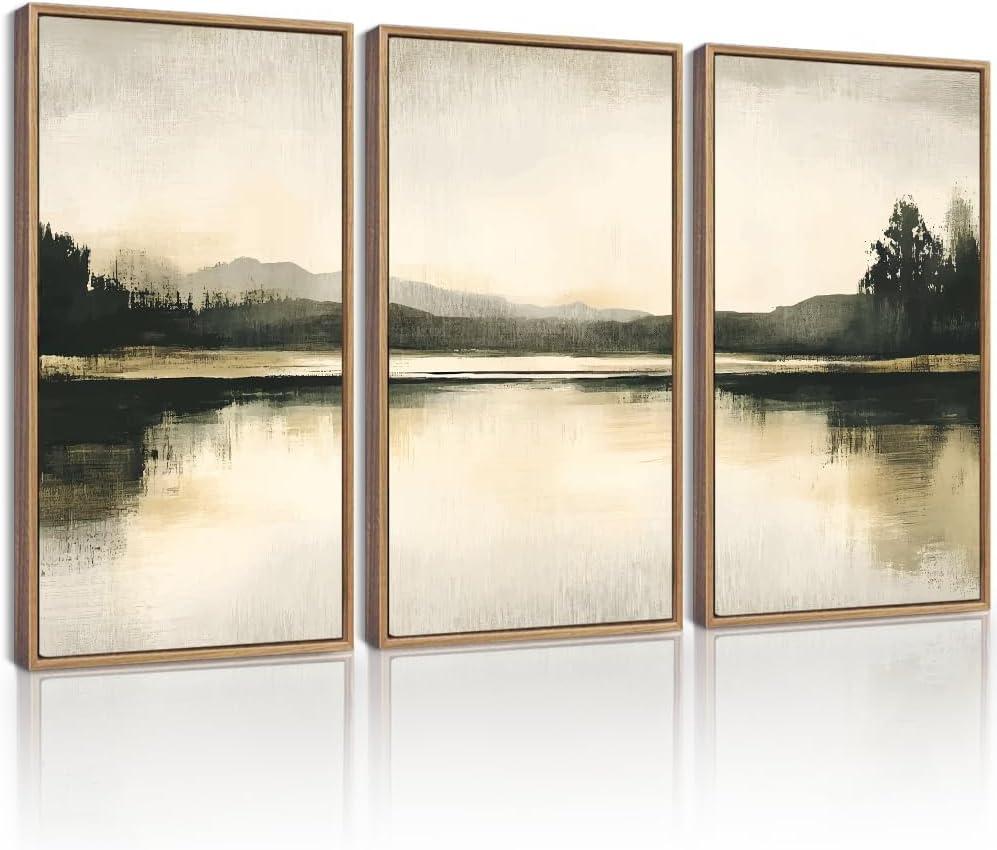 KUVIOKE Watercolor Abstract Mountain Lake Framed Wall Art Brown Landscape Nature Wilderness Painting Nordic Neutral Tan Illustration Decorative Home Decor 16x24in (Natural Framed)