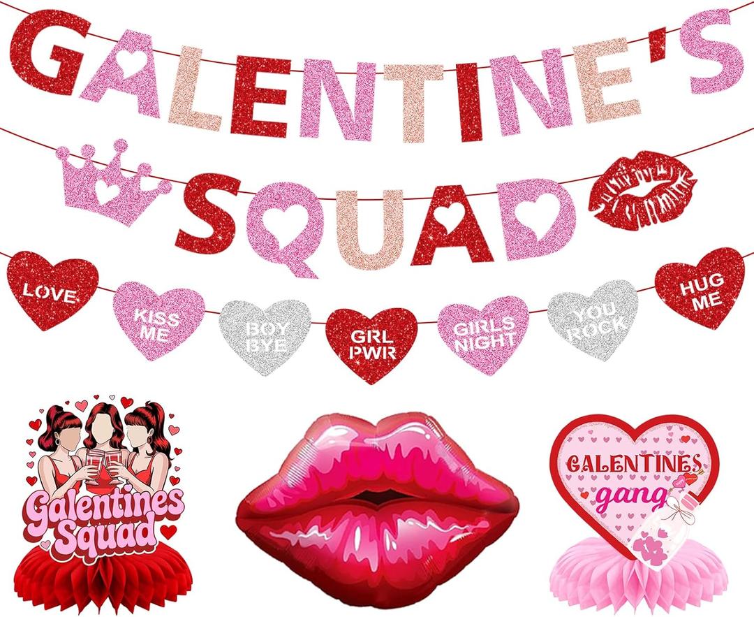 Galentines Decor: Galentines Day Decorations Include Galentine's Squad Banner Garland Centerpieces Lips Balloon for Galentines Decorations