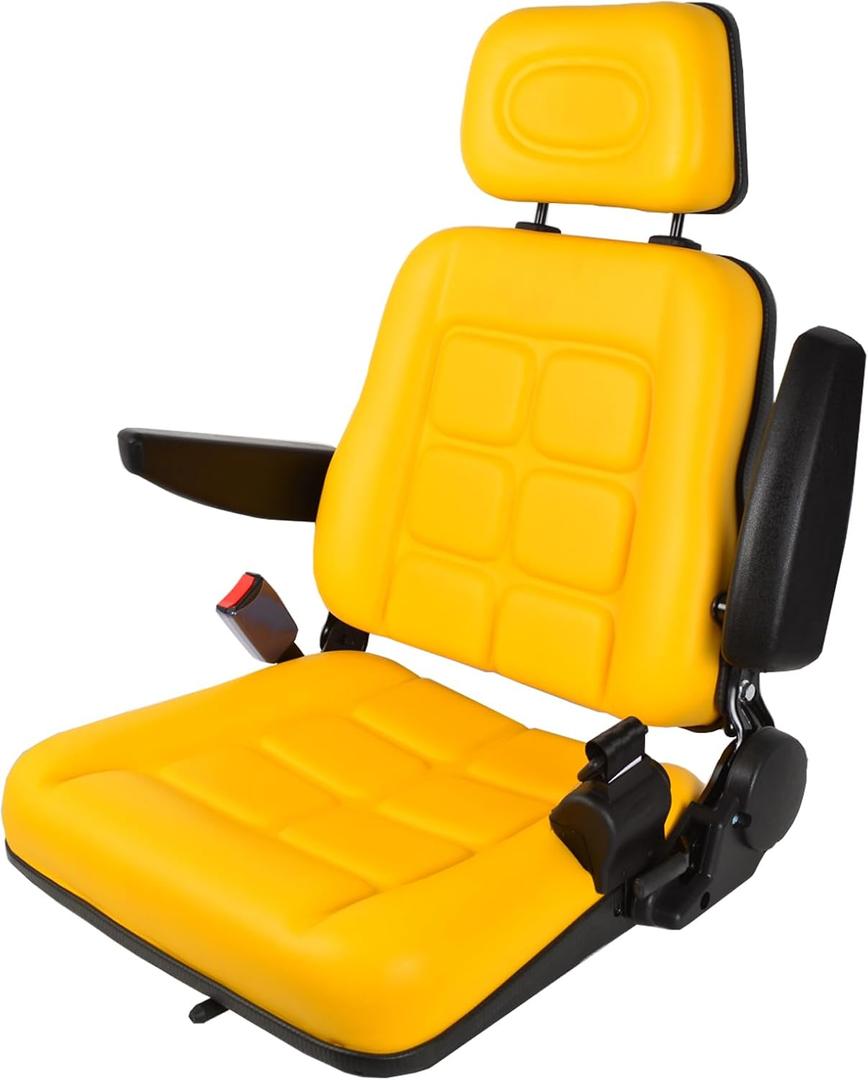 Universal Forklift Seat with Adjustable Backrest, PVC Tractor Seat with Self-rebounding Safety Belt, Yellow Lawn Mower Seat with Headrest Armrest for Excavator Dozer