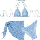 SHENHE Women's 3 Piece Textured High Cut Halter Triangle Bikini Swimsuit with Cover Up (Floral Light Blue) S