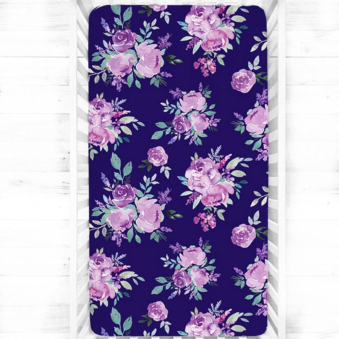 Girl Crib Sheet, Purple Flower Nursery Bed, Flower Sheets for Baby Toddler Mattress, Stretchy and Soft Premium Crib Sheets (28" x 52")