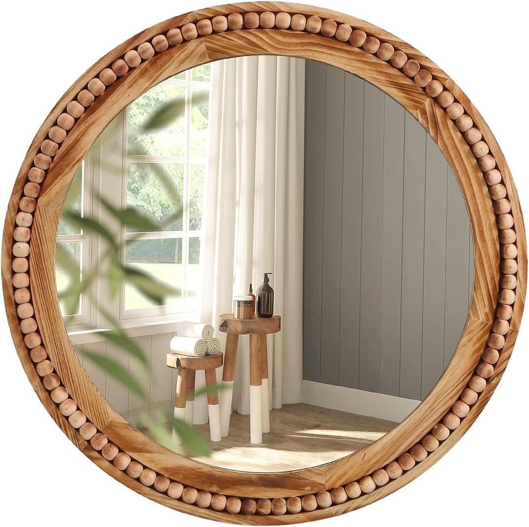 ULIKE Round Wood Mirror with Natural Wooden Bead Frame, 30 Inch Rustic Farmhouse Wall Mirror for Bathroom Nursery Bedroom Living Room Brown, Brown