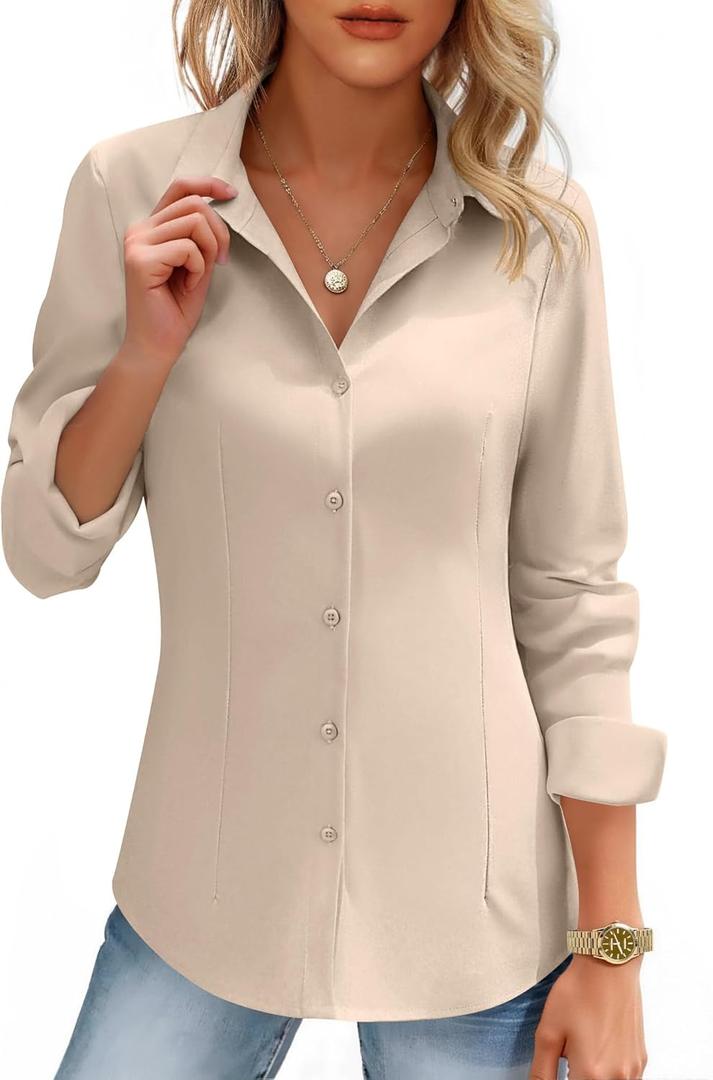 HOTOUCH Women's Button Down Shirts Long Sleeve Dress Shirt Slim Fitted Work Tops Collared Dressy Casual Business Blouses (Medium, Almond)