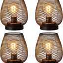 Set of 4 Battery Operated Lamp LED Table Lantern, Brown Metal Cage Cordless Lamps with LED BulbVintage Decorative Outdoor Lantern for Weddings, Parties, Patio, Events for Indoors Shelf Decor