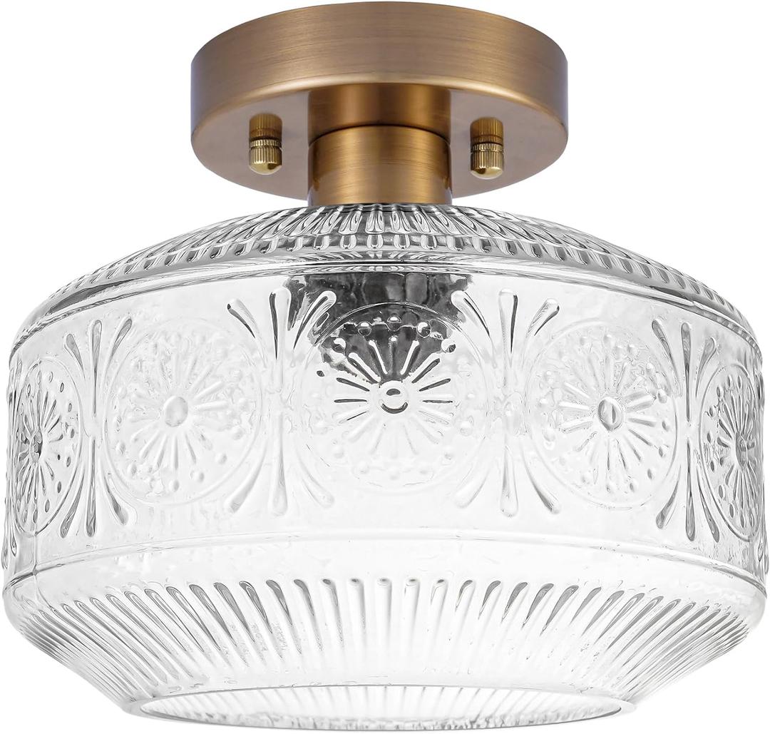 DSMJFU Semi Flush Mount Ceiling Light, Vintage Small Ceiling Light Fixture, Thickened Glass Hallway Lighting Fixture, Brass Kitchen Ceiling Mount Light for Entry Way, Bedroom, Bathroom, Porch (Gold)