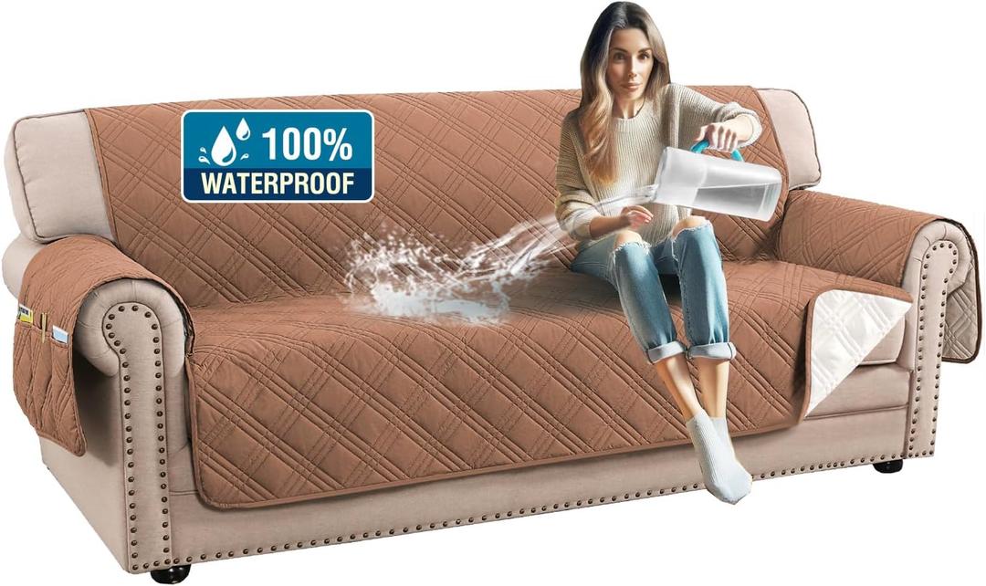 H.VERSAILTEX 100% Waterproof Couch Covers for Dogs Modern Sofa Slipcovers with Elastic Straps Thick Soft Couch Protector from Cat Claws(Sofa, Terracotta/Beige)