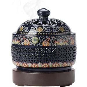 Ceramic Holder Electric Incense Burner Enamel Builtin LED Lights Simulate Flames, Classical, Elegant and Highend Hollow Design