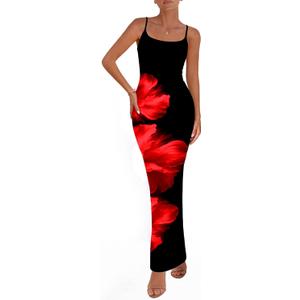 PRETTYGARDEN Womens Floral Maxi Dress Summer 2026 Sexy Spaghetti Strap Slip Bodycon Mesh Beach Vacation Dresses (Small, Floral Black Red)