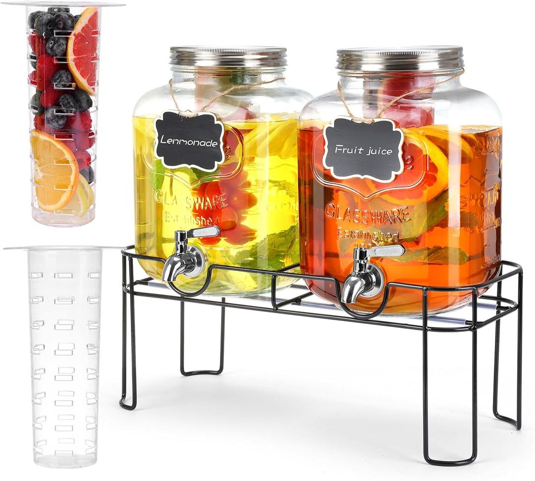 1.6 Gallon Glass Drink dispenser, 2 PCS Beverage Dispenser With Stand, Lemonade Dispenser with Stainless Steel Spigot,Drink Dispensers for Parties,Weddings, Picnic (Black)