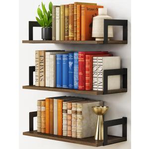 Harwaya Floating Book Shelves for Wall Set of 3, 17 x 8 Inch Deep Wooden Wall Bookshelf for Bedroom Office, Rustic Wood Hanging Wall Shelves for Living Room Kitchen (Dark Brown)