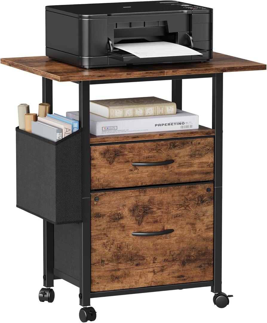 GYIIYUO 2 Drawer File Cabinet with 24'' Extended Desktop, Mobile Filing Cabinet, Rolling File Cabinet with Side Bag, Fabric Drawer, Fits A4/Letter Size, Printer Stand Home Office, Light Brown